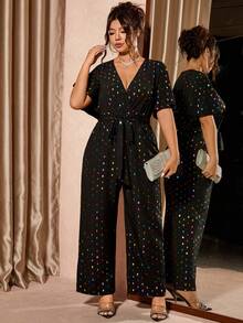 Cravure Bộ đồ liền thân thanh lịch đính sequin laser cỡ lớn cho nữ - màu đen - Xem 3