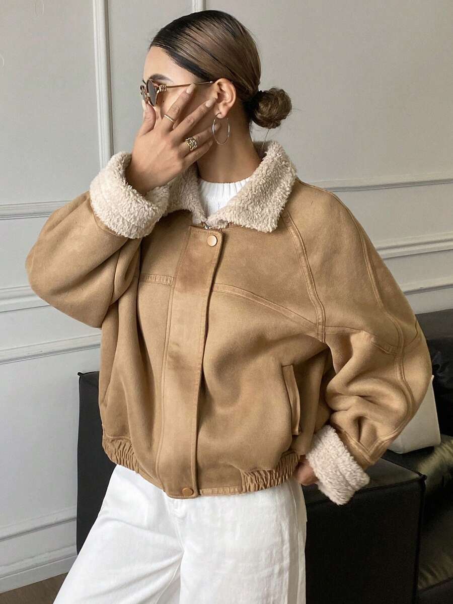 DAZY Chaqueta gruesa forrada de piel sintética para mujer, chaqueta de motociclista de lana de cordero de alta gama, abrigo regular para invierno - Caqui - Ver 1