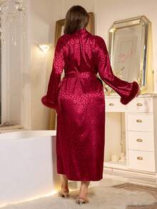 MuseNap CURVE Elegant Leopard Print Satin & Faux Fur Trim Long Robe, Plus Size, Wine Red - Burgundy - View 4