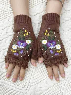 Fairycore 1 Pair Hippie Boho Daisy & Floral Embroidered Warm Women Gloves
