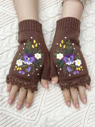 Fairycore 1 par de guantes cálidos para mujer con bordado de margaritas y flores en estilo hippie y bohemio