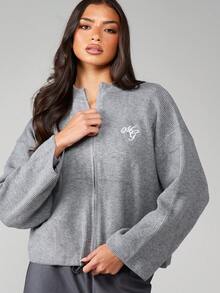 MISSGUIDED Ribbad stickad kofta med dragkedja och logotypbroderi, långärmad, avslappnad, höstvinter, oumbärlig i lager-på-lager-stil - Grå - Visa 3