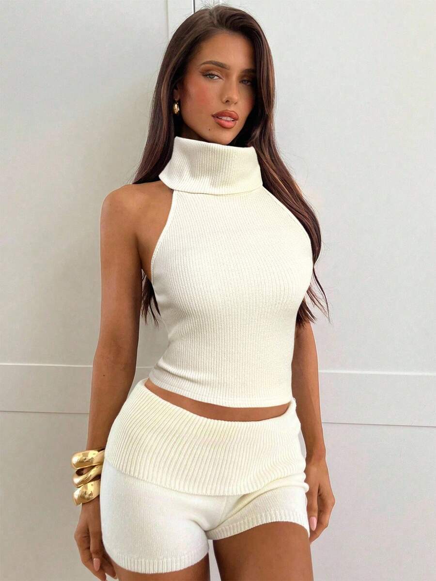 Aloruh Women's Solid Color Turtleneck Sleeveless Fitted Cropped Ribbed T-Shirt,Tank Top - Beige - View 1