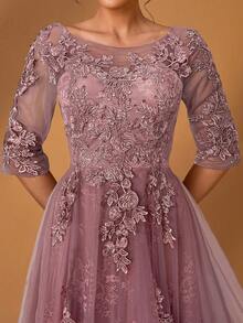 Serin Vestido de lujo con aplicaciones, cuello redondo, manga 3/4, encaje y malla, bajo en línea A, elegante y romántico para fiesta de noche, cita, boda, festival de música, adecuado para novia y madre, Día de San Valentín - Rosa vieja - Ver 4