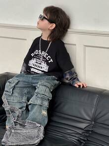 DAZY Kids Fall Clothes, Boys (Toddler) Loose Fit Round Neck T-Shirt, Plaid Sleeve & Letter Print, Casual