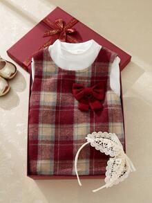Souflis Kleine Mädchen 2 Stücke Set Winterkleidung für Kleine Mädchen, Lässig Daily Style Outfit für Ausflüge, ärmelloses Schleifendekor Kurzes Fleece Karokleid & einfarbiges langärmliges Grundoberteil - Rot - Übersicht 7