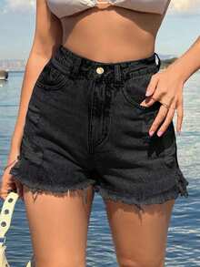 SHEIN Tall 100%Cotton Black Label Detailed Short With Destroy - Black - View 4