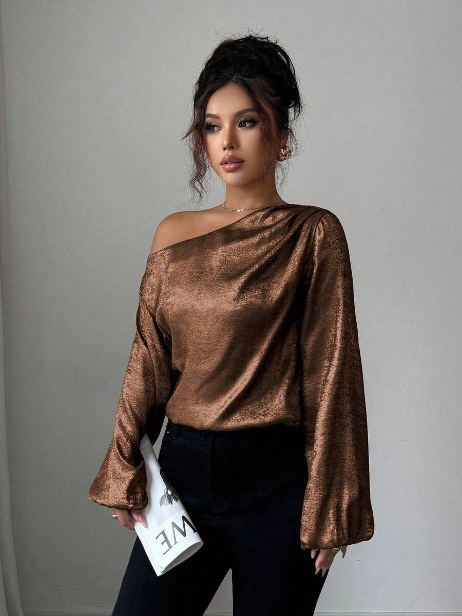 Elenzga 女士纯色灯笼袖不对称肩部宽松时尚衬衫 - 咖啡棕 - 查看 1
