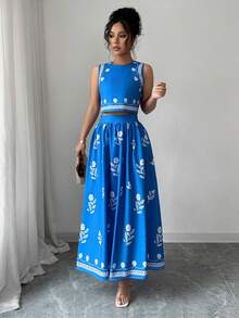 Selianne 2 件套女士无袖上衣和裙子，夏季时尚 - 藍色 - 查看 5