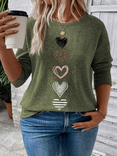EMERY ROSE New Casual Olive Green Long Sleeve Round Neck Heart Print Plus Size T-Shirt, Autumn/Winter