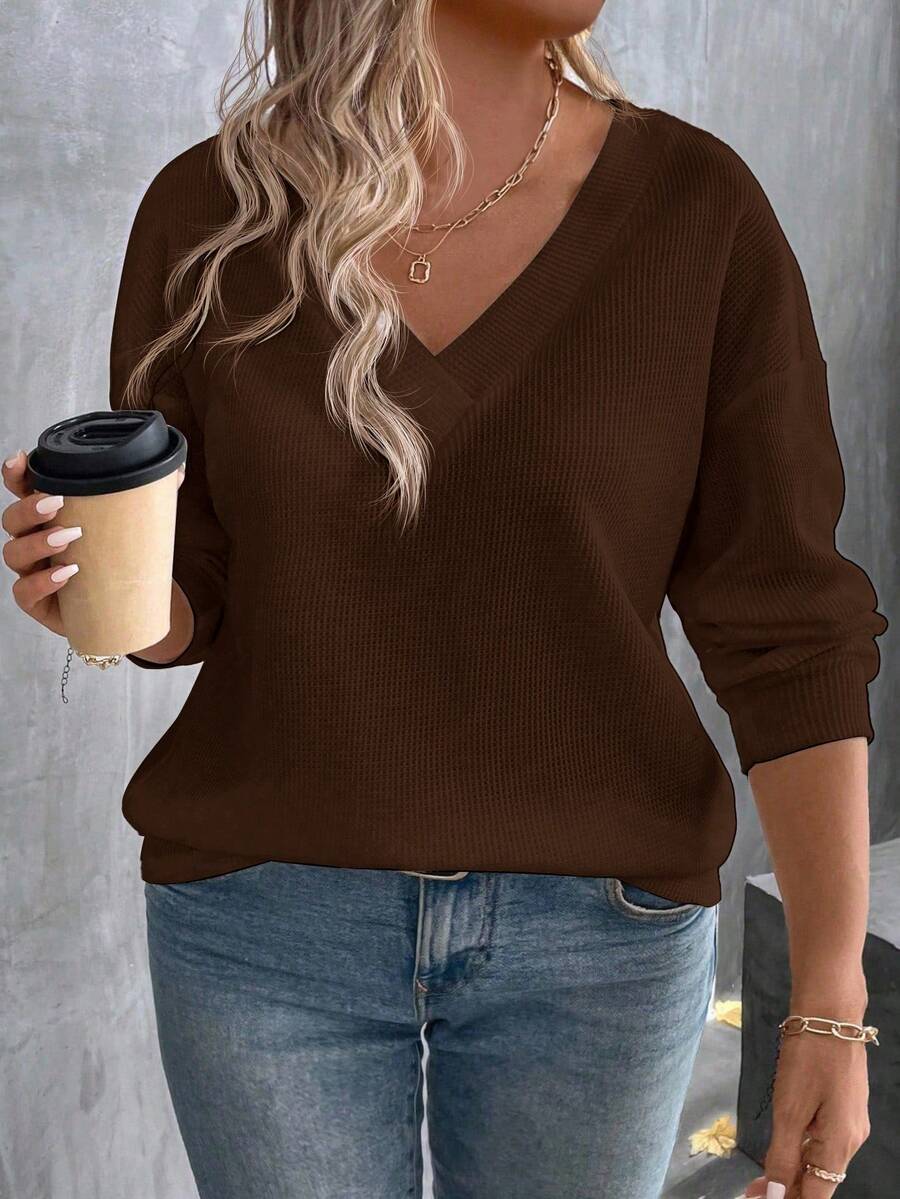 EMERY ROSE V领新款时尚休闲长袖华夫格纹加大码T恤，咖啡棕色 - 咖啡棕 - 查看 1