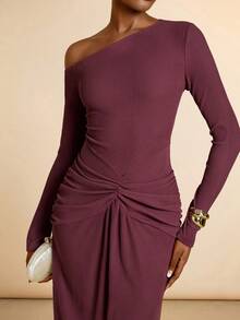 Vesra Robe longue élégante à fronces de couleur unie avec épaule asymétrique pour femmes - Tabac - Voir 5