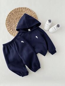 Baby Boy Casual Cute Versatile Blue Knit Hoodie Sweatshirt And Elastic Waist Pants Set - Navy Blue - View 8