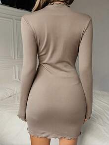 SHEIN EZwear Váy midi nữ ôm vừa vặn, chất liệu thun dệt kim màu nâu cà phê, lót giữ nhiệt, thời trang thu đông - Cà phê nâu - Xem 2