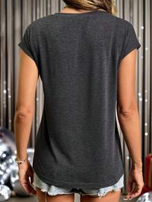 EMERY ROSE V-Neck Christmas Letter & Leopard Print Casual Short Sleeve T-Shirt - Dark Grey - View 2