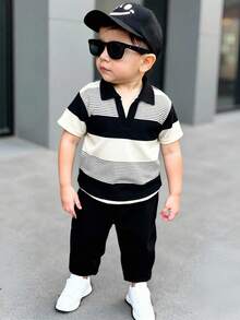 2 pièces Ensemble polo rayé décontracté et pantalon à taille élastique pour bébé garçon. Convient pour les fêtes d'anniversaire, soirées, représentations, mariages, baby showers, 1er anniversaire - Multicolore - Voir 1