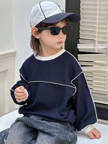 Dazy Kids 男童撞色圆领落肩长袖休闲宽松卫衣 - 藏蓝色 - 查看 1