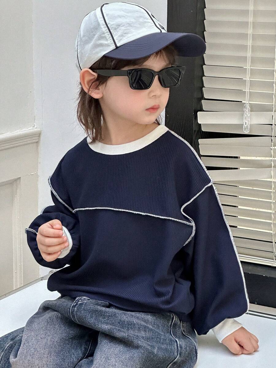 Dazy Kids 男童撞色圆领落肩长袖休闲宽松卫衣 - 藏蓝色 - 查看 1