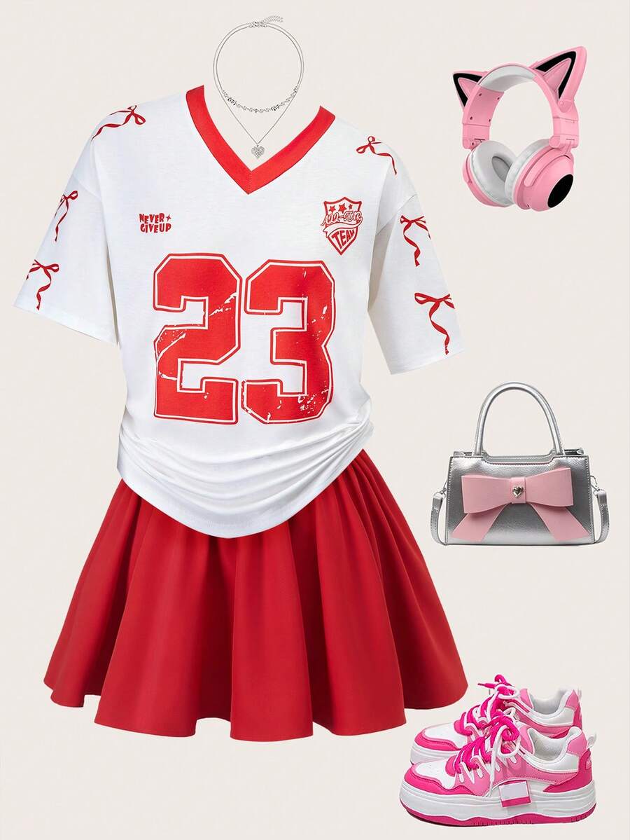 SHEIN 2件套少女粉色蝴蝶结字母V领黑色宽松T恤和粉色V字褶裙套装,甜美可爱 - 紅色 - 查看 1