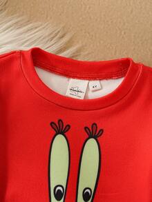 SpongeBob SquarePants | SHEIN Conjunto de pijama de otoño/invierno con top de manga larga de cuello redondo y pantalones, de punto con estampado de dibujos animados para niño pequeño - Rojo y blanco - Ver 3