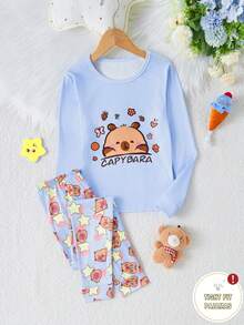 SHEIN 2件套女童可爱熊动物印花蓝色上衣和熊星全身印花舒适柔软弹力针织贴身家居服套装 - 彩色 - 查看 3