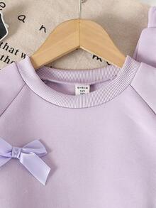 Genkimix Kids 两件套女童时尚灰色圆领长袖上衣和阔腿裤，饰有蝴蝶结，秋冬季 - 紫色 - 查看 6