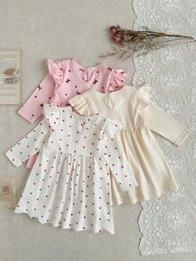 SHEIN 3-Piece Set Baby Girl Winter & Autumn Clothing Back To School Season 3M-3Y Pink White Apricot Cute & Fashionable Love Heart Bow Sweet Heart Letter Print Round Neck Ruffle Elastic Long Sleeve Dress Button Front Comfortable & Soft Daily Wear Suitable For Spring, Autumn & Winter Outdoor Wear Casual Ideal As A Gift - Multicolor - View 6