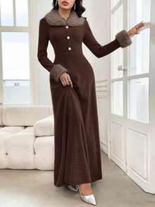 Modelyn Women Front Button Long Sleeve Fluffy Patchwork Casual Loose Dress Long Evening Dresses - Mocha Brown - View 5