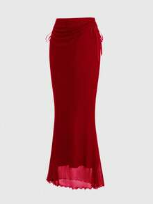 ROMWE Fairycore Spring/Summer Valentine's Day Elegant Commuter Solid Color Mermaid Skirt - Red - View 2