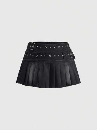 Grunge Punk Minifalda de mezclilla plisada lavada, versátil, sexy y linda, estilo punk rock, talla grande para mujeres