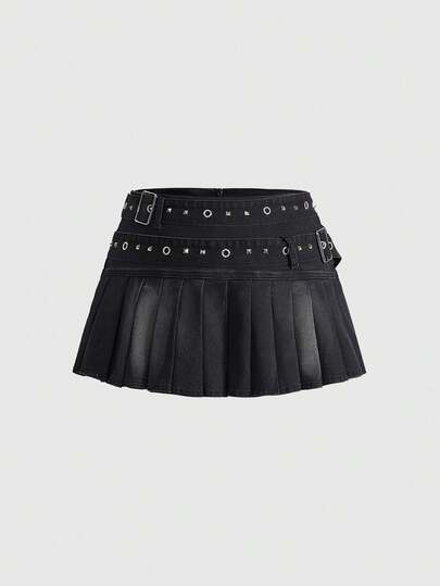 Grunge Punk Plus Size Kpop Punk Rock Sexy Cute Versatile Washed Pleated Denim Mini Skirt For Women
