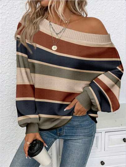 EMERY ROSE Plus Size Women's Casual Retro Commuter Versatile Striped Off Shoulder Long Sleeve Loose Sweater, Comfortable, Soft And Warm For  Spring,