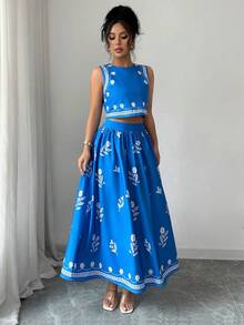 Selianne 2 件套女士无袖上衣和裙子，夏季时尚 - 藍色 - 查看 4