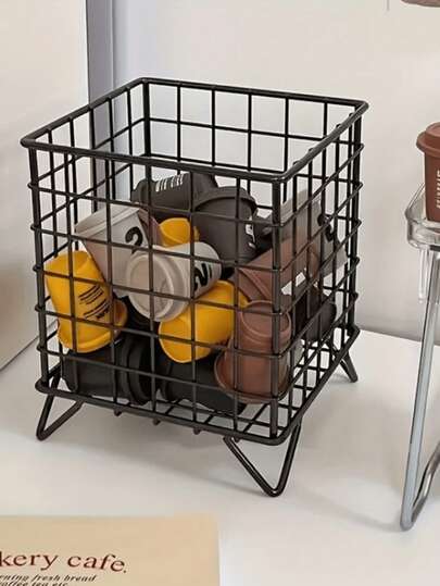 1pc Large Capacity Iron Art Desktop Storage Organizer, Nordic Style Coffee Capsule Holder - Wrought Iron Coffee Capsule Basket, Display Rack, Desktop Organizer, Simple Black Storage Box For Storing Coffee Capsules Back To School