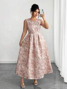 Elenzga 复古粉色提花无袖腰部收紧喇叭裙 - 粉色 - 查看 1