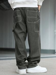 Manfinity Hypemode 男士休闲竖条纹多口袋军绿色工装牛仔裤，街头时尚 - 軍綠色 - 查看 7