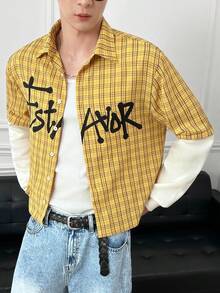 ESTAVOR 男士字母图案二合一长袖格子单排扣休闲衬衫 - 黃色 - 查看 3