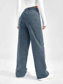 Jeans taille haute jambe large 100% coton - Bleu ciel - Voir 2