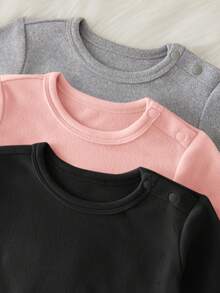 SHEIN Leap Crew Dozemod 儿童新生女宝宝简约舒适针织抓绒高弹力拉绒圆领长袖长裤睡衣套装，2件套 - 彩色 - 查看 4