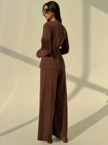 Aloruh Completo da donna composto da blazer aderente minimalista da ufficio/pendolarismo di colore marrone + pantaloni a gamba ampia, set casual per donne - Cachi - Visualizzare 2
