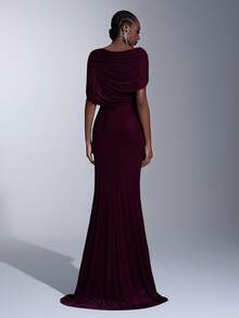 Elitara Elegant, Luxurious, High-End, Versatile Elastic Knit Ruched Shawl Sleeve Sexy Mermaid Dress, Suitable For Weddings, Events, Singles Parties, Vacations, Galas, Formal Occasions - Burgundy - View 3