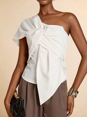 SHEIN Veneréa Women's Solid Color Twist Design Shoulder Blouse