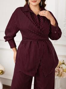 Modelyn Plus Size Women Drop Shoulder Striped Long Sleeve Shirt And Wide Leg Pants Casual 2-Piece Set - Burgundy - View 1