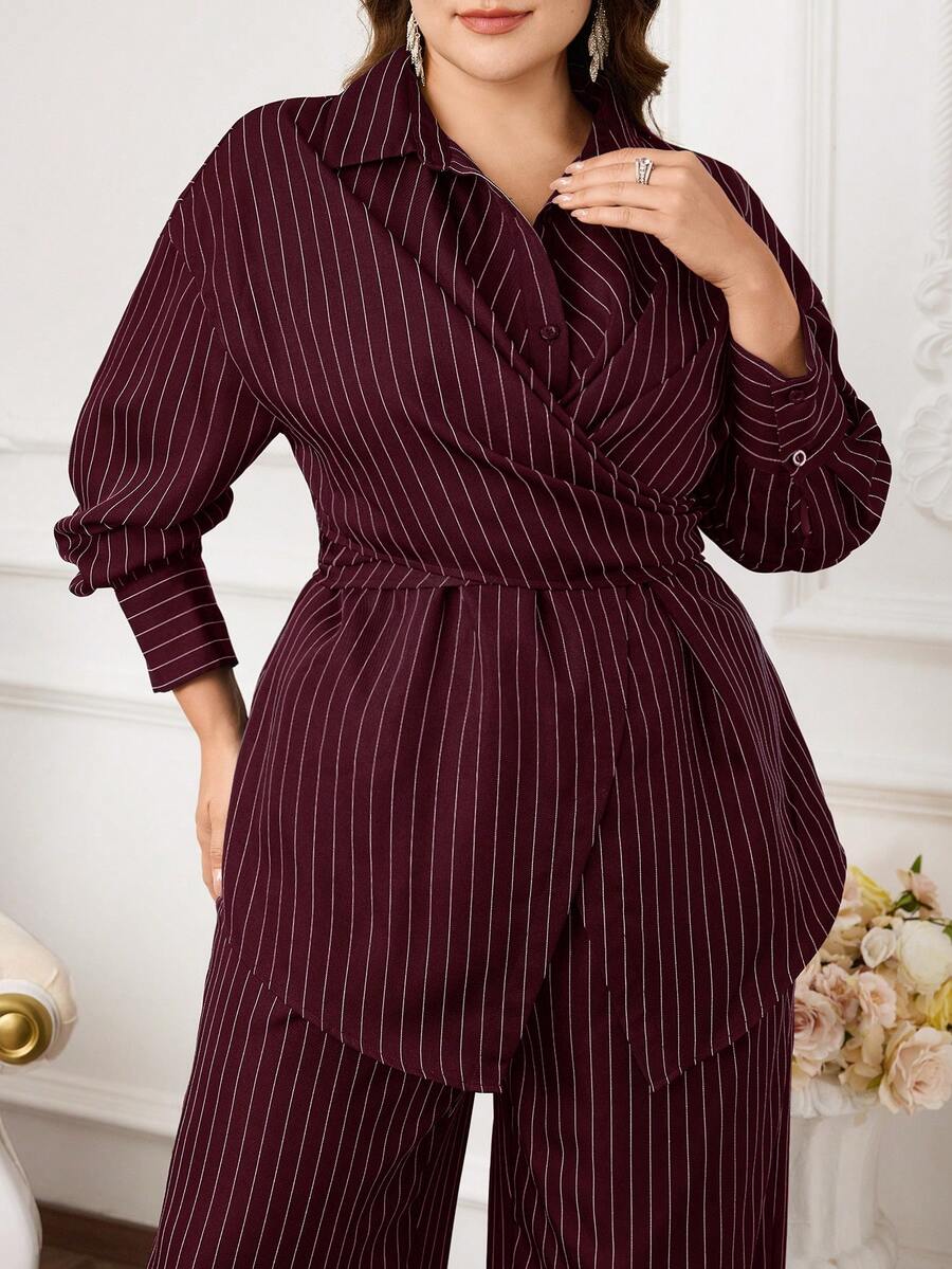 Modelyn Plus Size Women Drop Shoulder Striped Long Sleeve Shirt And Wide Leg Pants Casual 2-Piece Set - Burgundy - View 1