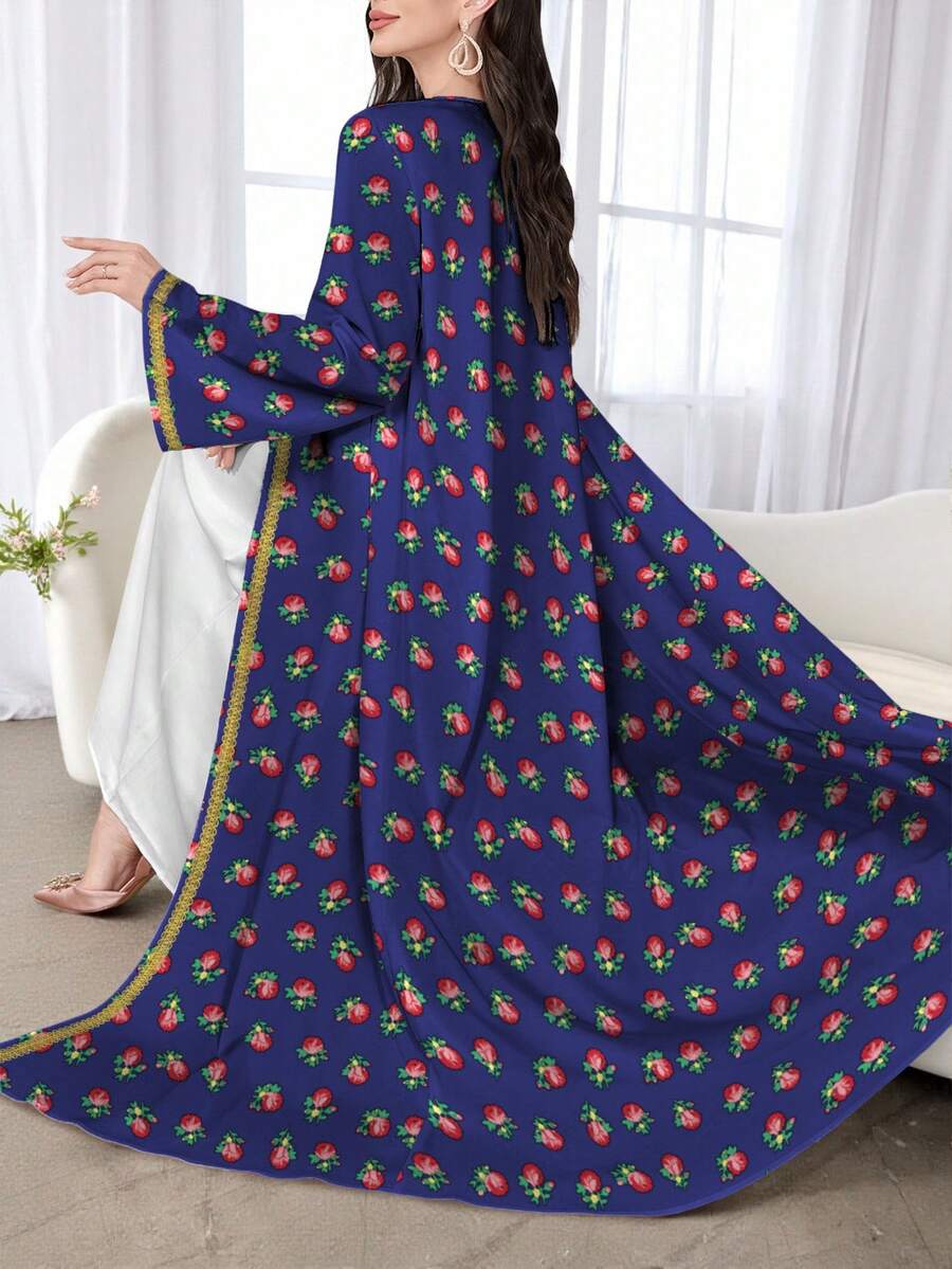 SHEIN Najma Women's Floral Print Long Sleeve Casual Arabic Abaya Robe, Spring/Autumn - Multicolor - View 1
