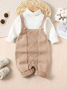 SHEIN New Born Baby Boy/Girl Toddler Fall/Winter Knitted Rompers Overalls Sweaters,Camel Autumn Cute Family Matching Outfits Retro Classic Daily Clothes - Khaki - View 3