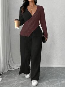 Calvaya Bộ đồ mặc nhà thường ngày 2 món áo thun dài tay dệt kim gân mềm mại cỡ lớn + quần ống rộng gân mềm mại - màu nâu - Xem 4