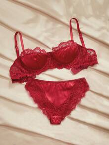 Charlaine Burgundy Balconette Bra Set,Summer Women's Lingerie With Steel Rings,Lift & Enhance,1/2 Cup,Lace Patchwork,Satin, French,Refined For Vacation - Burgundy - View 6