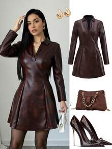 Ellevyn Váy PU thời trang thanh lịch cổ điển thắt eo chữ V - màu nâu - Xem 1