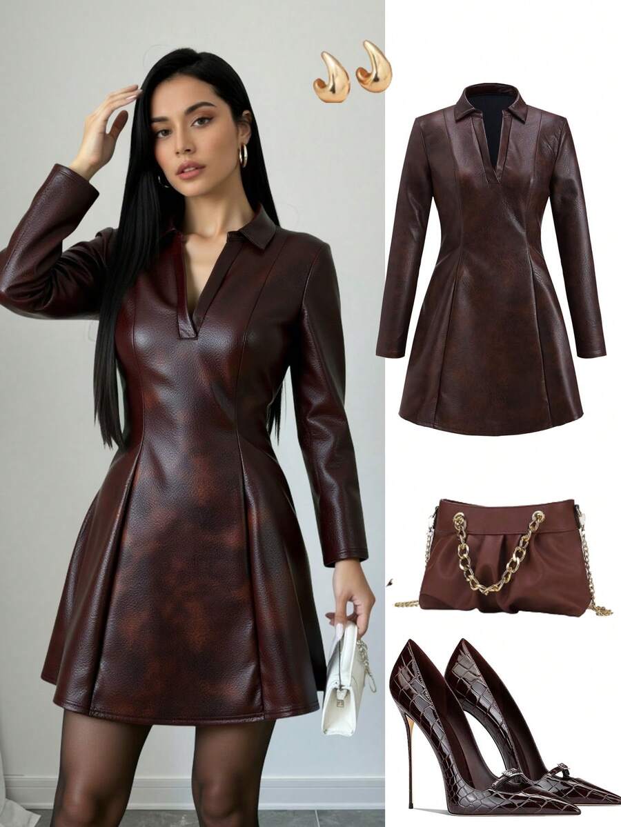 Ellevyn Váy PU thời trang thanh lịch cổ điển thắt eo chữ V - màu nâu - Xem 1